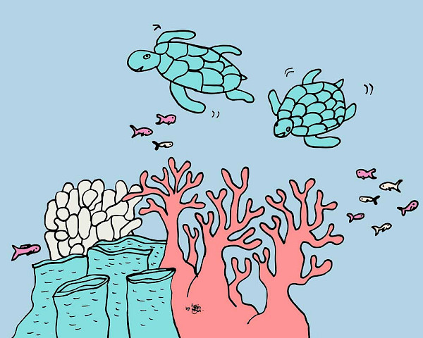 Hand-Illustration zweier Schildkröten, die an einem schönen Korallenriff mit vielen Fischen vorbeischwimmen.