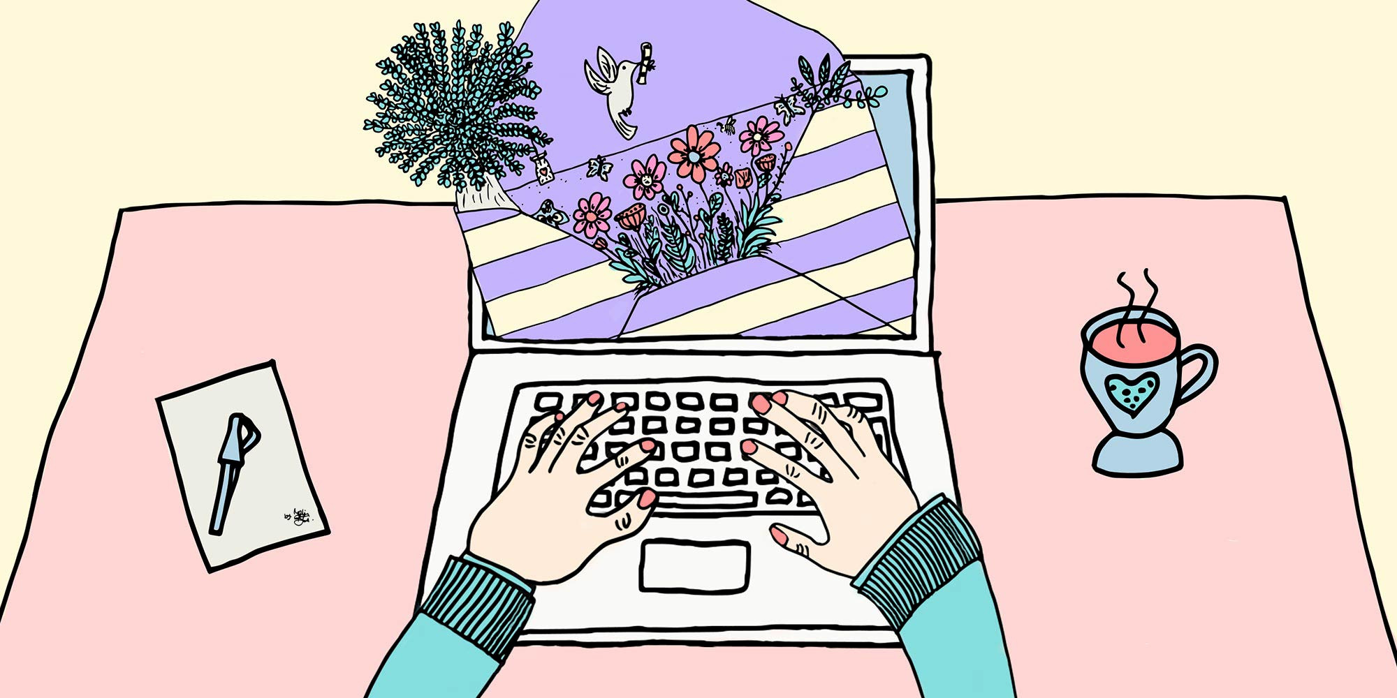 Illustration: Person sitz an Laptop, aus dem Bildschirm entspringt ein Kuvert indem Blumen und eine Taube herauskommen. Auf dem Tisch ist eine Tasse Tee und ein Notizblock zu sehen.