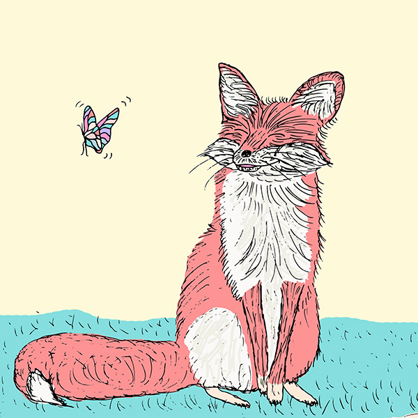 Illustration eines Fuchses der im Feld sitz, lächelt und einem Schmetterling zuschaut, der gerade vorbeifliegt.