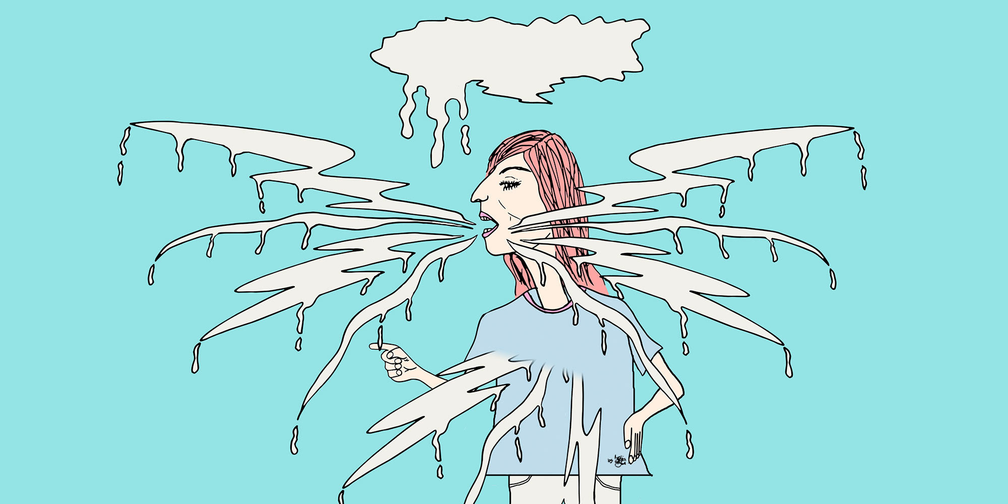 Illustration die eine Frau zeigt die lästert. Aus ihr und um sie herum schweben dunkle Energieschwaden, die ihr die Energie absaugen.