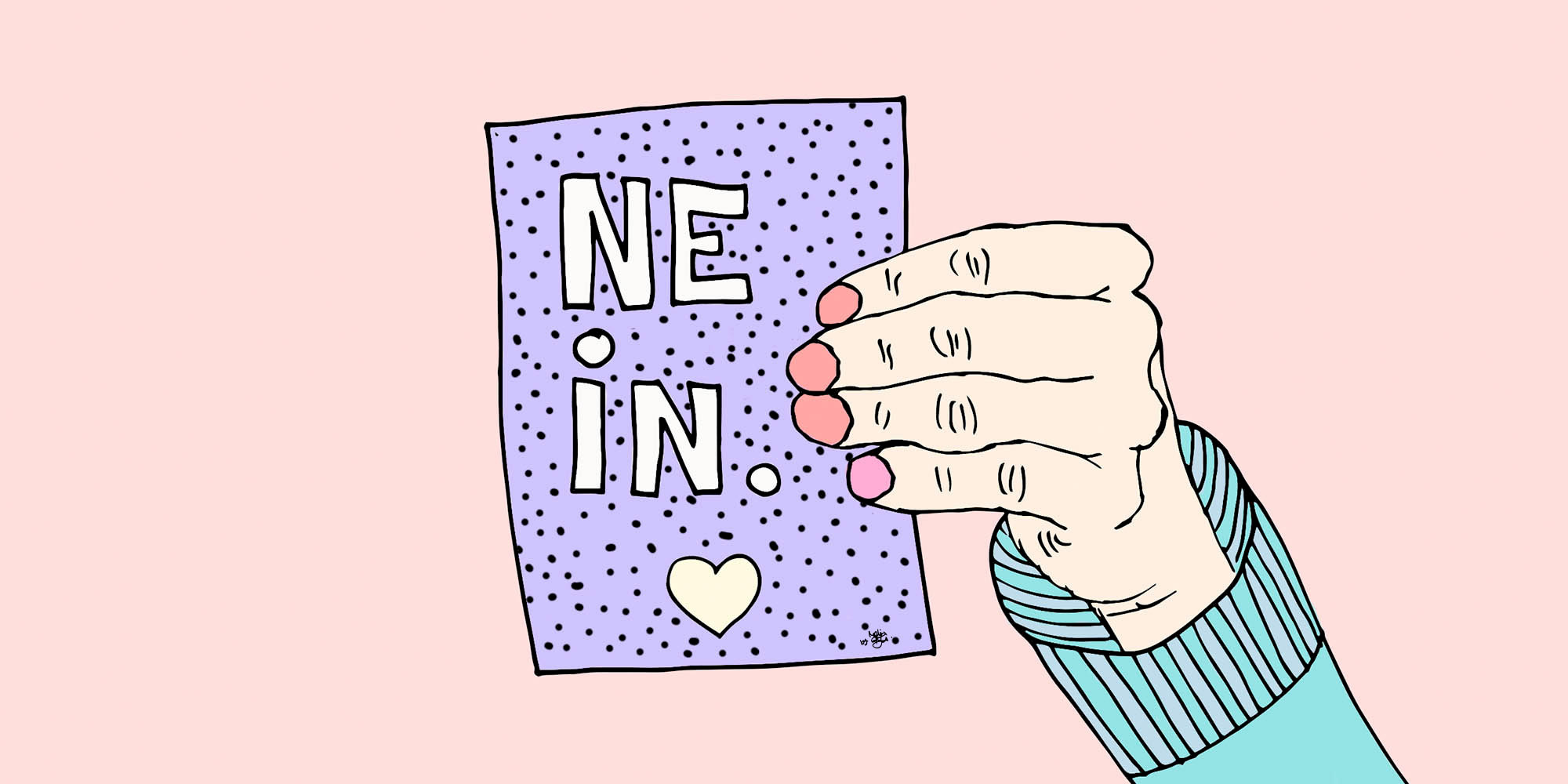 Illustration mit einer Hand die einen Zettel in die Kamera streckt, worauf in Großbuchstaben Nein geschrieben ist.