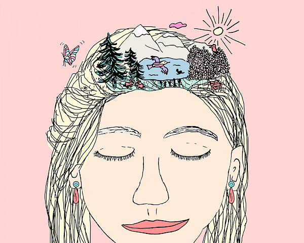 Illustration eines weiblichen Gesichts, das die Augen geschlossen hat und den Geist beruhigt. Auf Kopfhöhe ist eine friedliche Szne eines Waldes mit Bergsee zu erkennen.