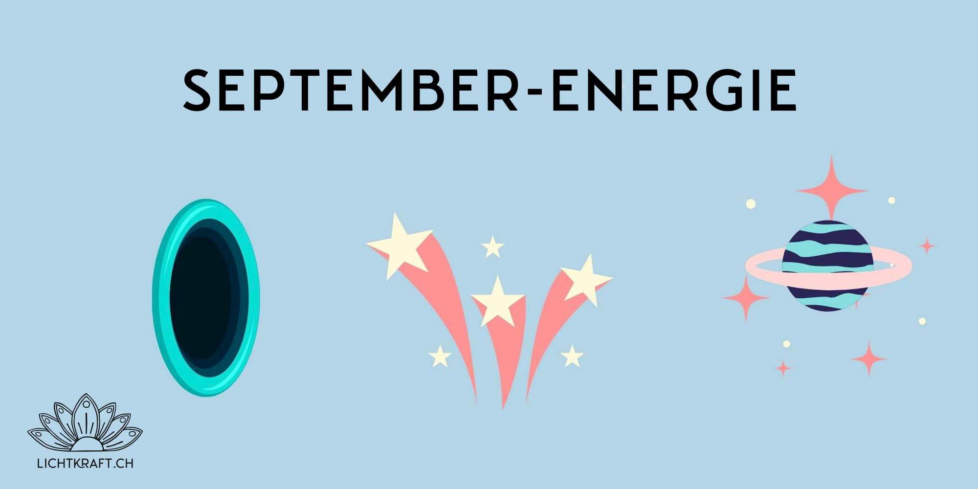 Illustration mit einem Portal, Sternen mit Schweif und eines Planeten mit der Überschrift: Septemberenergie
