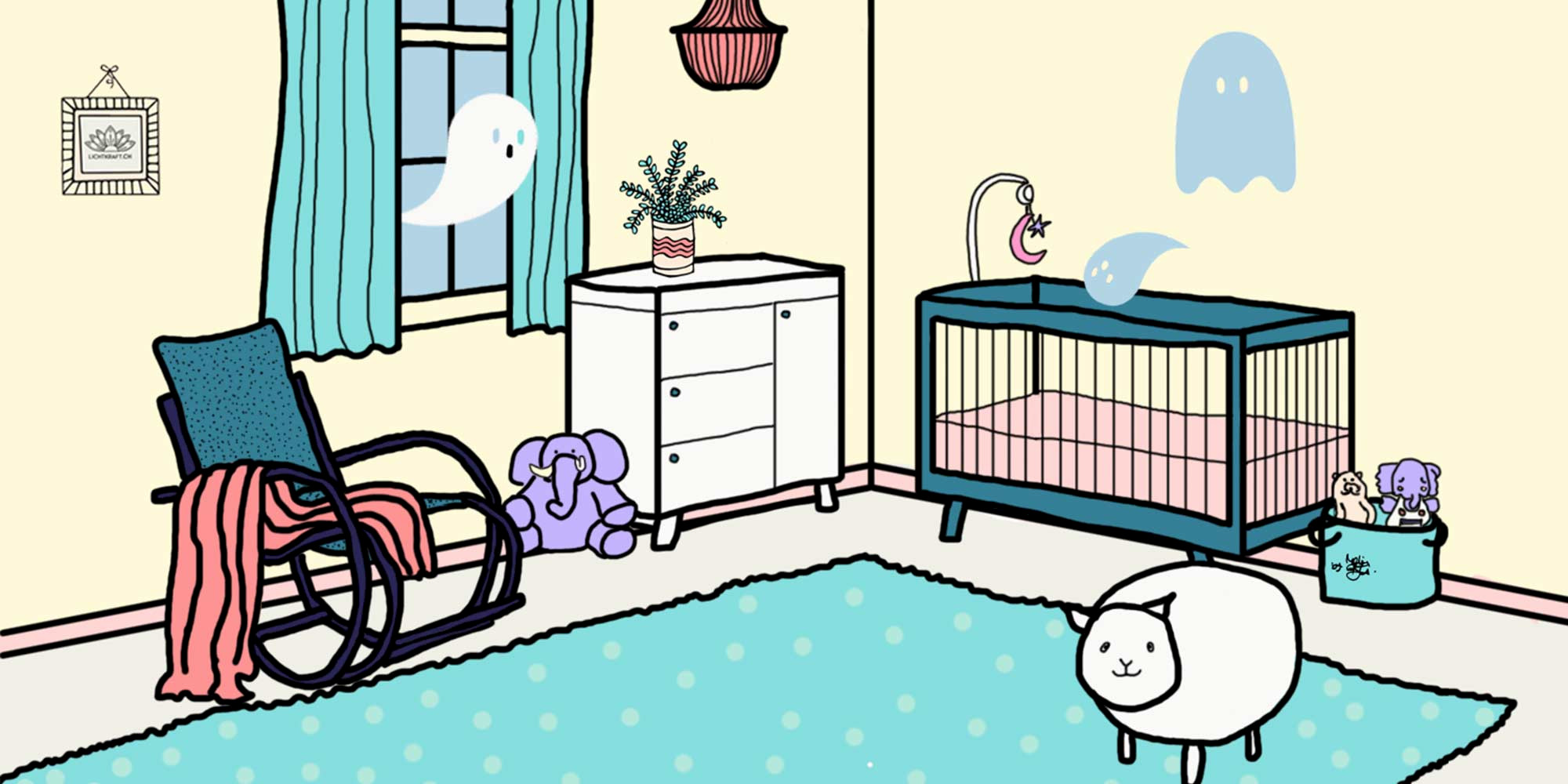 Illustration eines Kinderzimmers in dem kleine Geistwesen zu sehen sind.