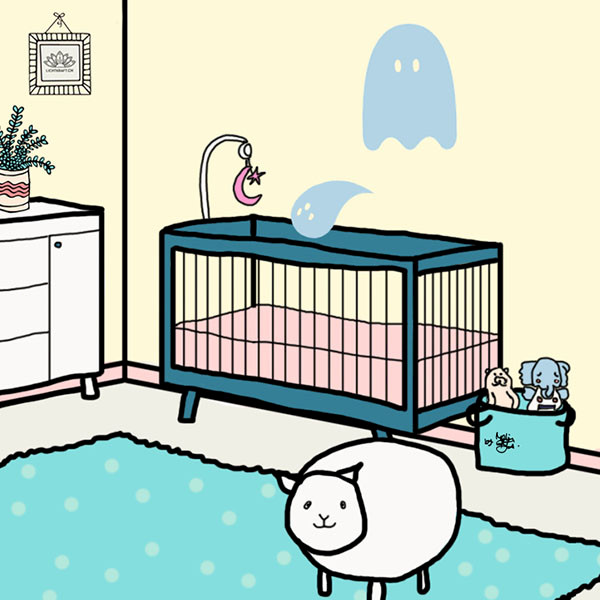 Illustration eines gestörten Kinderzimmers in dem Geister zu sehen sind.