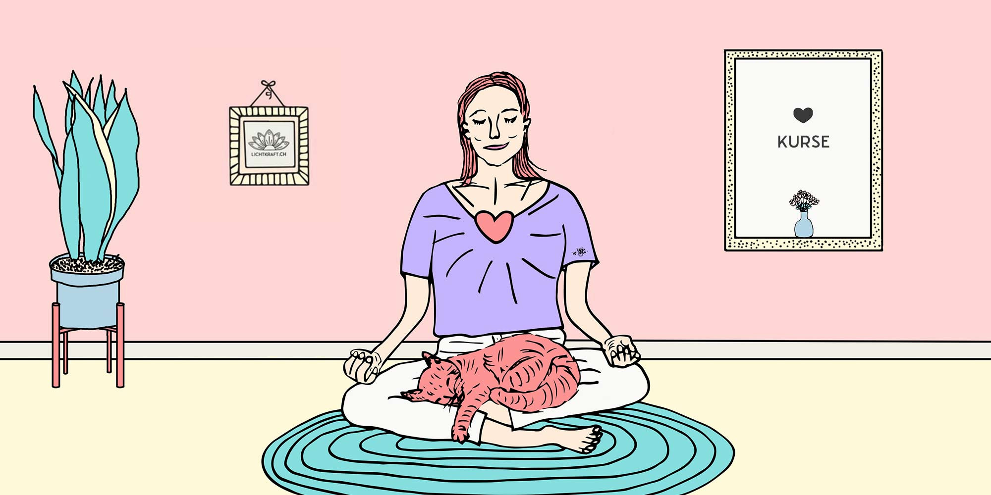 Illustration von Melanie Bütikofer: eine sitzende Frau im Lotussitz meditiert mit geschlossenen Augen, auf ihrem Schoss schläft eine Katze, im Hintergrund ist eine Zimmerpflanze ein eingerahmtes Bild mit dem Lichtkraft-Logo und einem Bilderrahmen mit dem Wort Kurse sowie Blumen zu sehen.