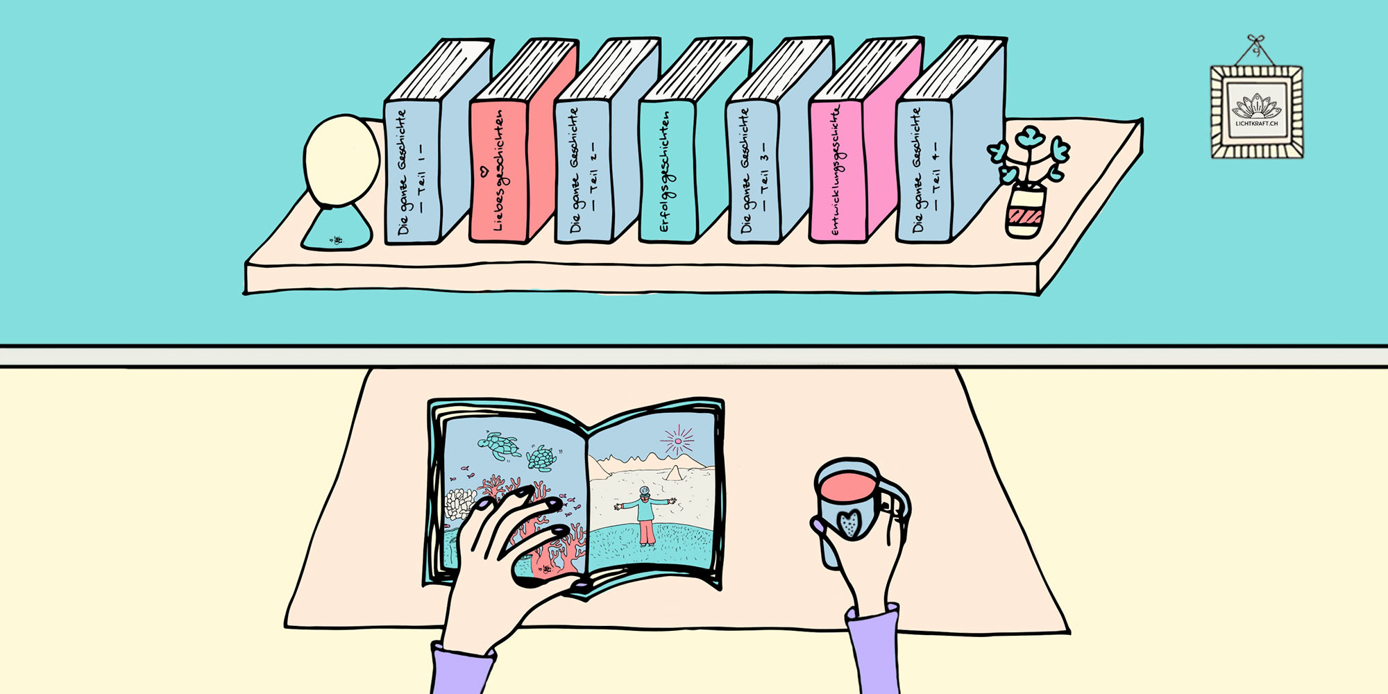 Illustration aus der eigenen Perspektive am Tisch sitzend, im Buch des Lebens (Akasha Chronik) lesend, tee trinkend, im Hintergrund das Büchergestell mit den eigenen Geschichten.
