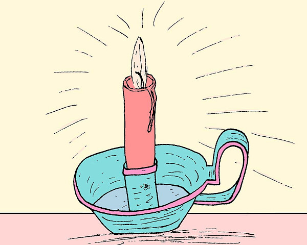 Illustration einer brennenden Kerze au feinem Tisch, die den Raum erhellt.