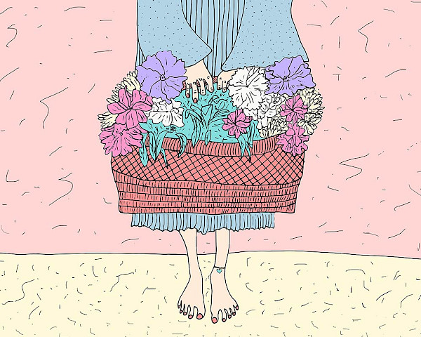 Illustration einer Frau die einen Korb voller Blumen hält und barfuss steht