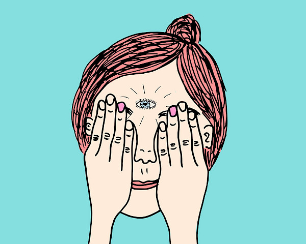 Illustration einer Frau die ihre Hände vor die Augen hält und mit ihrem Dritten Auge sieht und empfängt