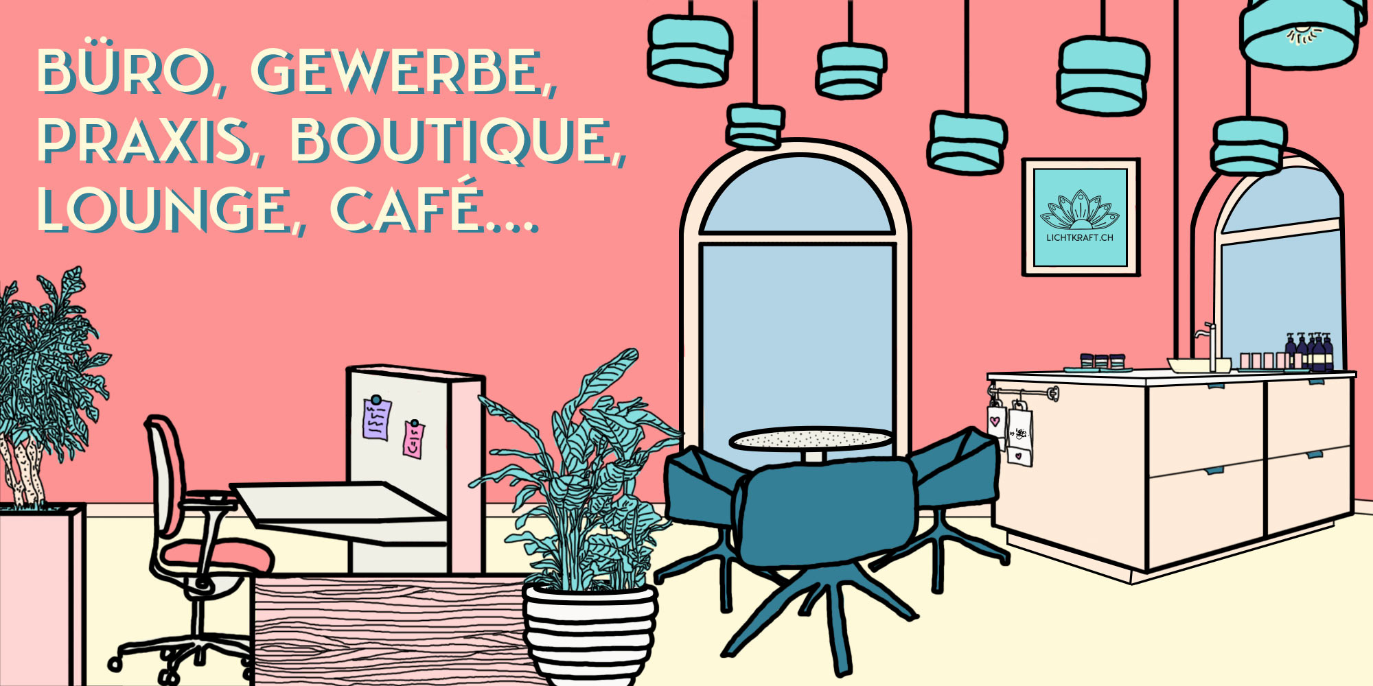 Illustration einer energetische Gebäudereinigung von Lichtkraft für Büro, Gewerbe, Praxis, Boutique, Lounge, Café etc.