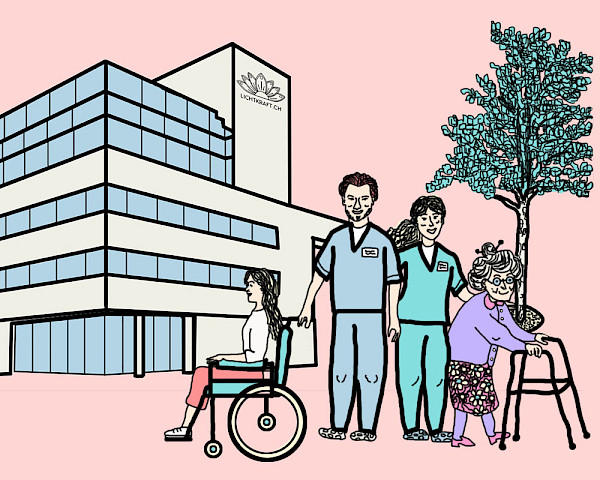 Illustration von Pflegefachkräften, Spital, Seniorin und Person im Rollstuhl